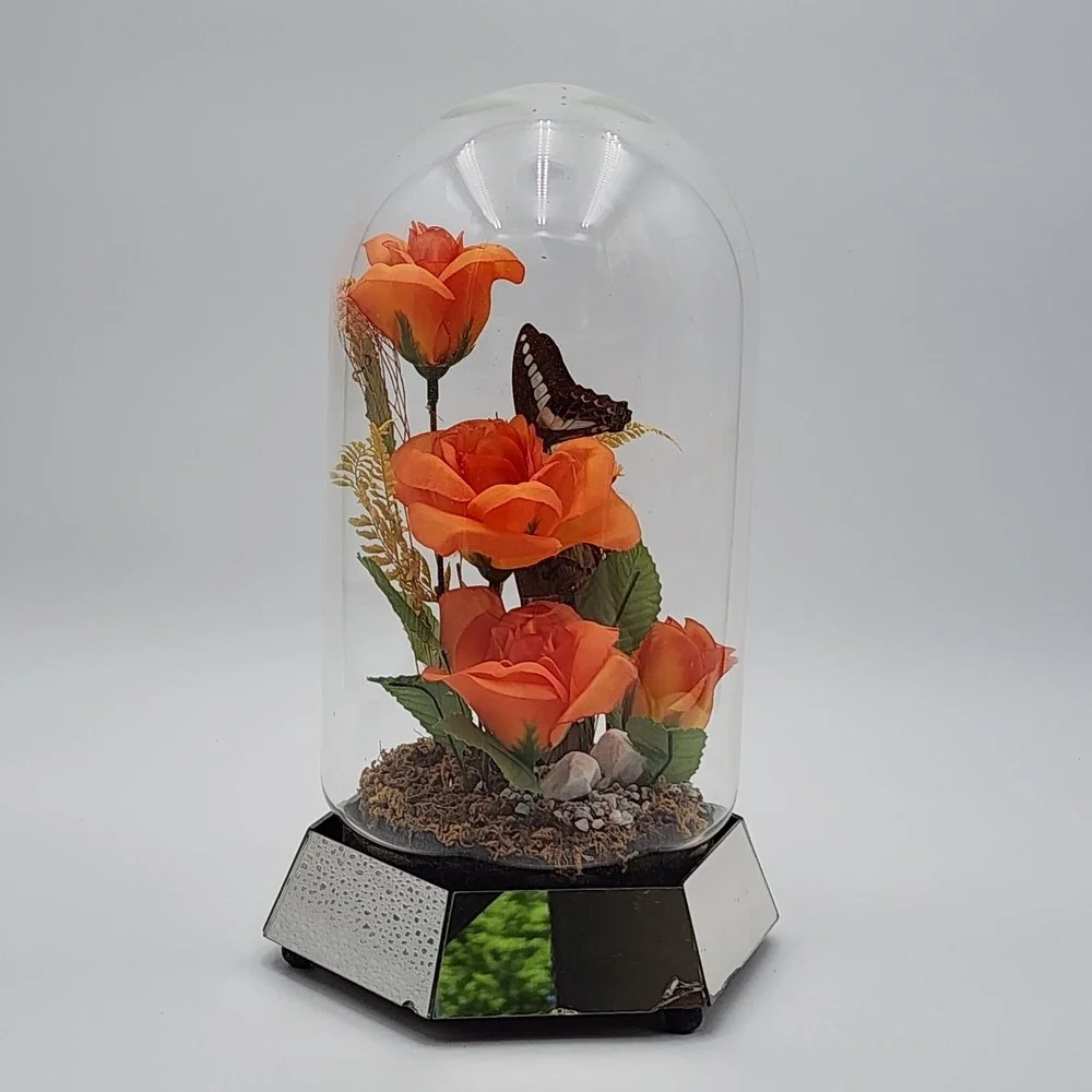 Vintage Glass Dome Floral Cloche with Butterfly Dried & Orange‎ Faux Flowers
